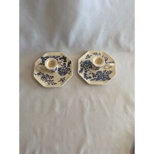 Vintage Mason's Manchu Blue White Ironstone Chamberstick Candle Holders Pair